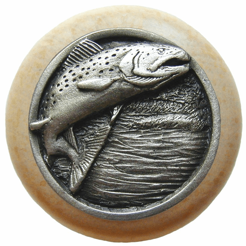 NHW-708N-AP Leaping Trout Wood Knob in Antique Pewter/Natural wood finish 1-1/2" Dia 1-1/8" Proj Lodge & Nature Collection by Notting Hill