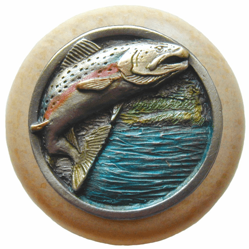 NHW-708N-PHT Leaping Trout Wood Knob in Hand-tinted Antique Pewter/Natural wood finish 1-1/2" Dia 1-1/8" Proj Lodge & Nature Collection by Notting Hill