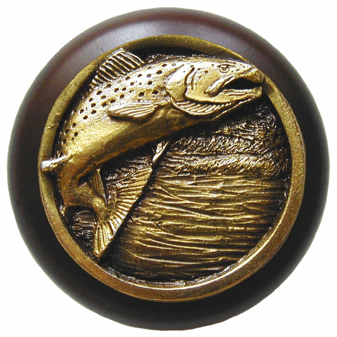 NHW-708W-AB Leaping Trout Wood Knob in Antique Brass /Dark Walnut wood finish 1-1/2" Dia 1-1/8" Proj Lodge & Nature Collection by Notting Hill