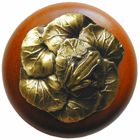 NHW-709C-AB Leap Frog Wood Knob in Antique Brass /Cherry wood finish 1-1/2" Dia 1-3/8" Proj Lodge & Nature Collection by Notting Hill
