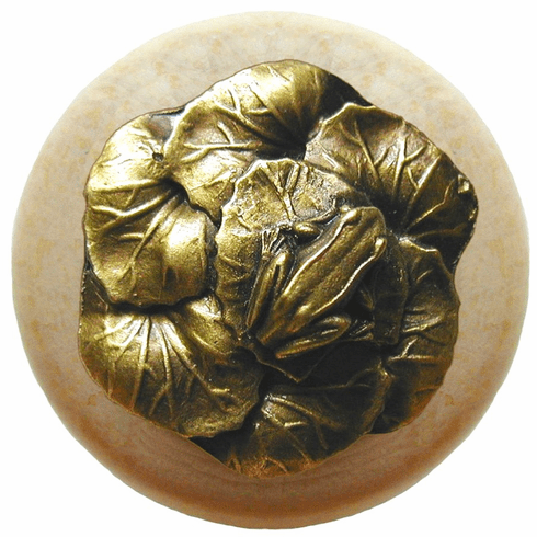 NHW-709N-AB Leap Frog Wood Knob in Antique Brass /Natural wood finish 1-1/2" Dia 1-3/8" Proj Lodge & Nature Collection by Notting Hill
