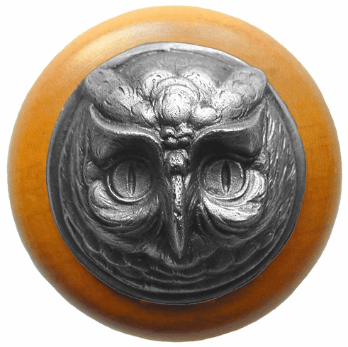 NHW-711M-AP Wise Owl Wood Knob in Antique Pewter/Maple wood finish 1-1/2" Dia 1-1/2" Proj Fun in the Kitchen Collection by Notting Hill