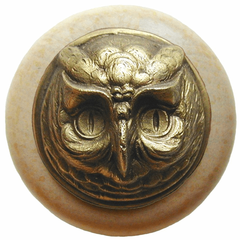 NHW-711N-AB Wise Owl Wood Knob in Antique Brass /Natural wood finish 1-1/2" Dia 1-1/2" Proj Fun in the Kitchen Collection by Notting Hill