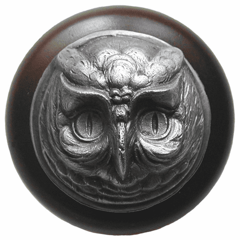 NHW-711W-AP Wise Owl Wood Knob in Antique Pewter/Dark Walnut wood finish 1-1/2" Dia 1-1/2" Proj Fun in the Kitchen Collection by Notting Hill