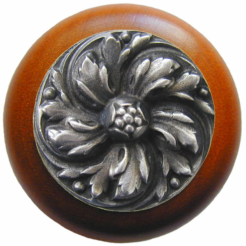 NHW-714C-AP Chrysanthemum Wood Knob in Antique Pewter/Cherry wood finish 1-1/2" Dia 1-1/8" Proj Classic Collection by Notting Hill