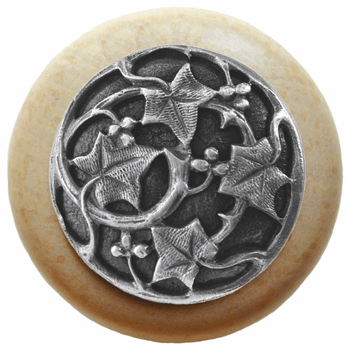 NHW-715N-AP Ivy with Berries Wood Knob in Antique Pewter/Natural wood finish 1-1/2" Dia 1-1/8" Proj Florals & Leaves Collection by Notting Hill