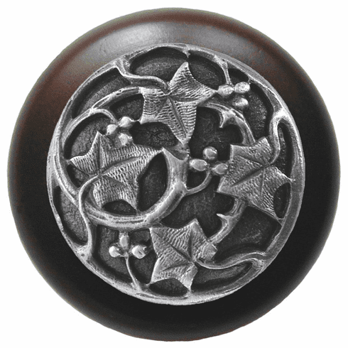NHW-715W-AP Ivy with Berries Wood Knob in Antique Pewter/Dark Walnut wood finish 1-1/2" Dia 1-1/8" Proj Florals & Leaves Collection by Notting Hill
