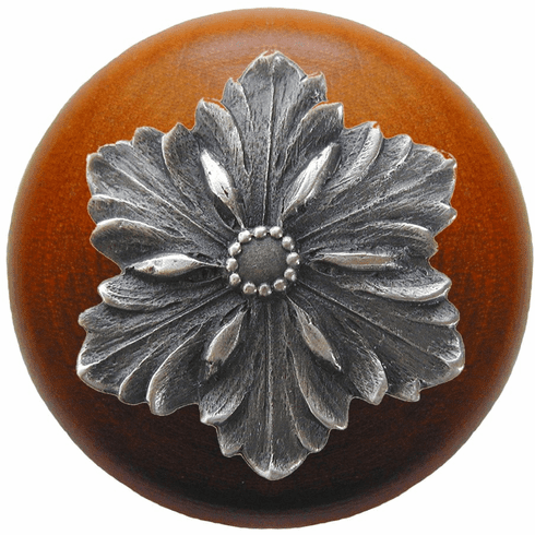 NHW-725C-AP Opulent Flower Wood Knob in Antique Pewter/Cherry wood finish 1-1/2" Dia 1-1/8" Proj Classic Collection by Notting Hill