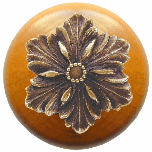 NHW-725M-AB Opulent Flower Wood Knob in Antique Brass/Maple wood finish 1-1/2" Dia 1-1/8" Proj Classic Collection by Notting Hill