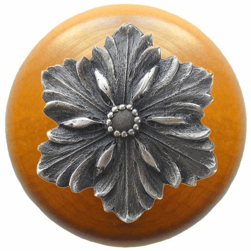 NHW-725M-AP Opulent Flower Wood Knob in Antique Pewter/Maple wood finish 1-1/2" Dia 1-1/8" Proj Classic Collection by Notting Hill