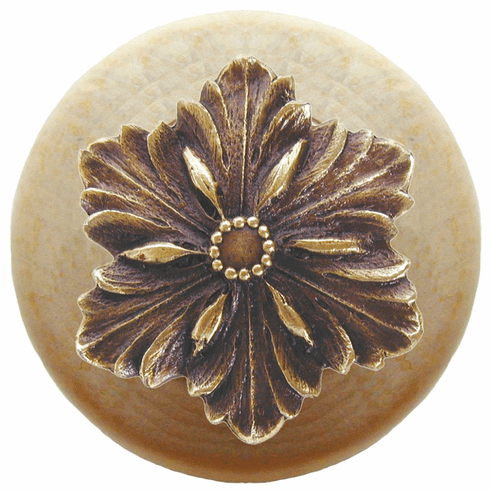 NHW-725N-AB Opulent Flower Wood Knob in Antique Brass/Natural wood finish 1-1/2" Dia 1-1/8" Proj Classic Collection by Notting Hill