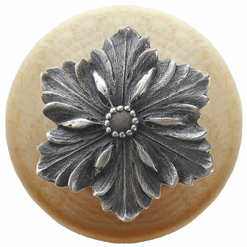 NHW-725N-AP Opulent Flower Wood Knob in Antique Pewter/Natural wood finish 1-1/2" Dia 1-1/8" Proj Classic Collection by Notting Hill