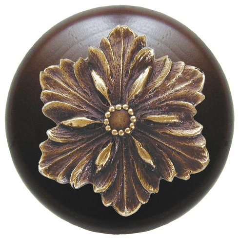 NHW-725W-AB Opulent Flower Wood Knob in Antique Brass/Dark Walnut wood finish 1-1/2" Dia 1-1/8" Proj Classic Collection by Notting Hill