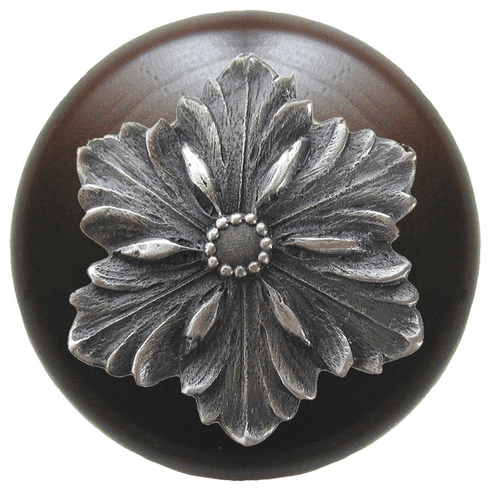 NHW-725W-AP Opulent Flower Wood Knob in Antique Pewter/Dark Walnut wood finish 1-1/2" Dia 1-1/8" Proj Classic Collection by Notting Hill