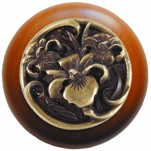 NHW-728C-AB River Iris Wood Knob in Antique Brass/Cherry wood finish 1-1/2" Dia 1-1/8" Proj Nouveau Collection by Notting Hill