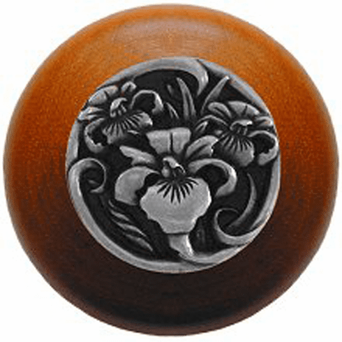 NHW-728C-BP River Iris Wood Knob in Brilliant Pewter/Cherry wood finish 1-1/2" Dia 1-1/8" Proj Nouveau Collection by Notting Hill