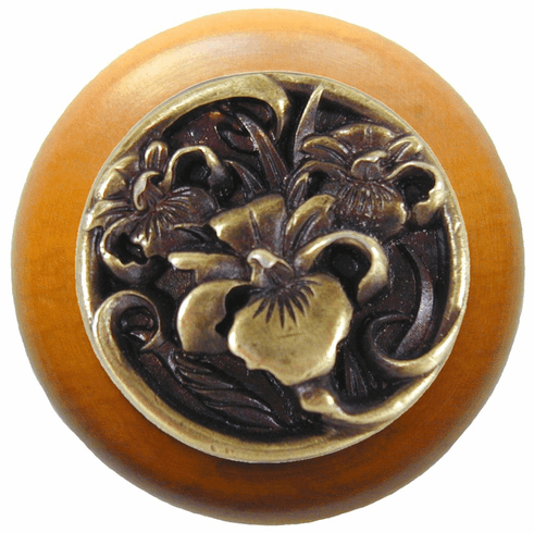 NHW-728M-AB River Iris Wood Knob in Antique Brass/Maple wood finish 1-1/2" Dia 1-1/8" Proj Nouveau Collection by Notting Hill