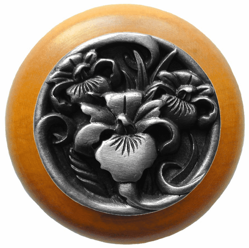 NHW-728M-AP River Iris Wood Knob in Antique Pewter/Maple wood finish 1-1/2" Dia 1-1/8" Proj Nouveau Collection by Notting Hill
