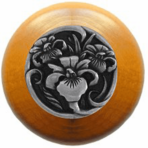 NHW-728M-BP River Iris Wood Knob in Brilliant Pewter/Maple wood finish 1-1/2" Dia 1-1/8" Proj Nouveau Collection by Notting Hill