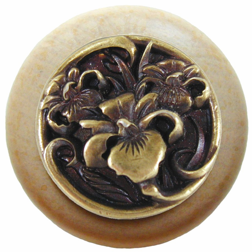 NHW-728N-AB River Iris Wood Knob in Antique Brass/Natural wood finish 1-1/2" Dia 1-1/8" Proj Nouveau Collection by Notting Hill
