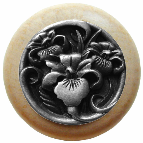 NHW-728N-AP River Iris Wood Knob in Antique Pewter/Natural wood finish 1-1/2" Dia 1-1/8" Proj Nouveau Collection by Notting Hill