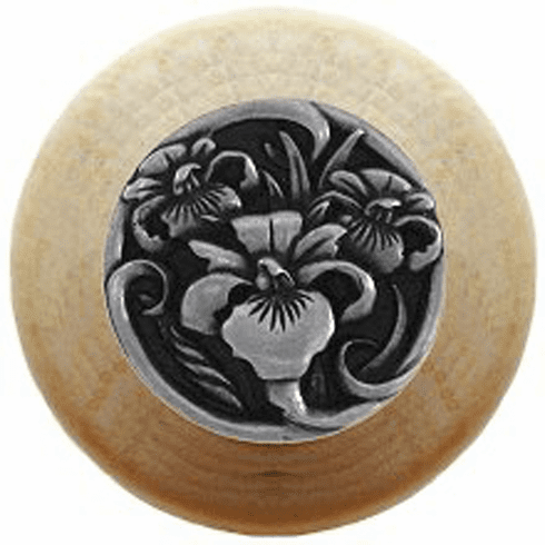 NHW-728N-BP River Iris Wood Knob in Brilliant Pewter/Natural wood finish 1-1/2" Dia 1-1/8" Proj Nouveau Collection by Notting Hill