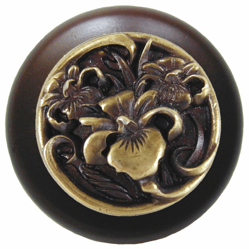 NHW-728W-AB River Iris Wood Knob in Antique Brass/Dark Walnut wood finish 1-1/2" Dia 1-1/8" Proj Nouveau Collection by Notting Hill
