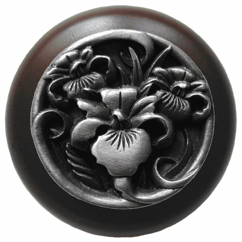 NHW-728W-AP River Iris Wood Knob in Antique Pewter/Dark Walnut wood finish 1-1/2" Dia 1-1/8" Proj Nouveau Collection by Notting Hill