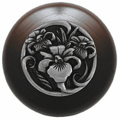 NHW-728W-BP River Iris Wood Knob in Brilliant Pewter/Dark Walnut wood finish 1-1/2" Dia 1-1/8" Proj Nouveau Collection by Notting Hill