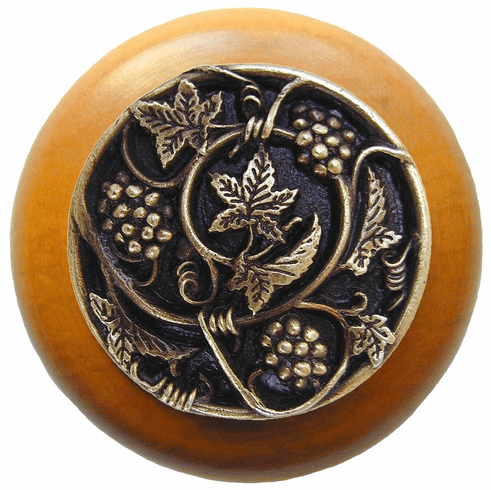 NHW-729M-AB Grapevines Wood Knob in Antique Brass/Maple wood finish 1-1/2" Dia 1-1/8" Proj Tuscan Collection by Notting Hill