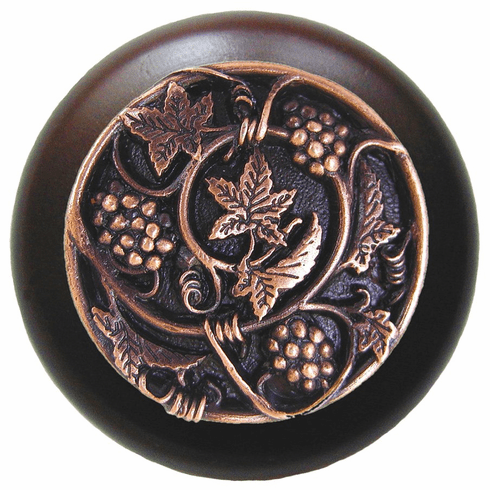 NHW-729W-AC Grapevines Wood Knob in Antique Copper/Dark Walnut wood finish 1-1/2" Dia 1-1/8" Proj Tuscan Collection by Notting Hill