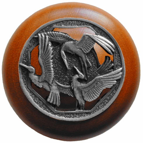 NHW-737C-AP Crane Dance Wood Knob in Antique Pewter/Cherry wood finish 1-1/2" Dia 1-1/8" Proj Lodge & Nature Collection by Notting Hill