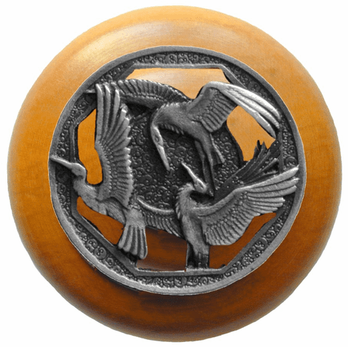NHW-737M-AP Crane Dance Wood Knob in Antique Pewter/Maple wood finish 1-1/2" Dia 1-1/8" Proj Lodge & Nature Collection by Notting Hill
