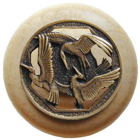NHW-737N-AB Crane Dance Wood Knob in Antique Brass/Natural wood finish 1-1/2" Dia 1-1/8" Proj Lodge & Nature Collection by Notting Hill