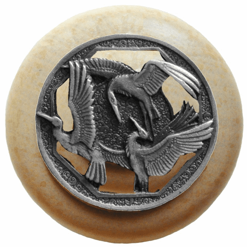 NHW-737N-AP Crane Dance Wood Knob in Antique Pewter/Natural wood finish 1-1/2" Dia 1-1/8" Proj Lodge & Nature Collection by Notting Hill