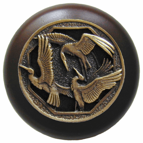 NHW-737W-AB Crane Dance Wood Knob in Antique Brass/Dark Walnut wood finish 1-1/2" Dia 1-1/8" Proj Lodge & Nature Collection by Notting Hill