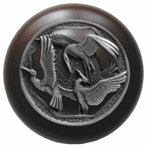 NHW-737W-AP Crane Dance Wood Knob in Antique Pewter/Dark Walnut wood finish 1-1/2" Dia 1-1/8" Proj Lodge & Nature Collection by Notting Hill