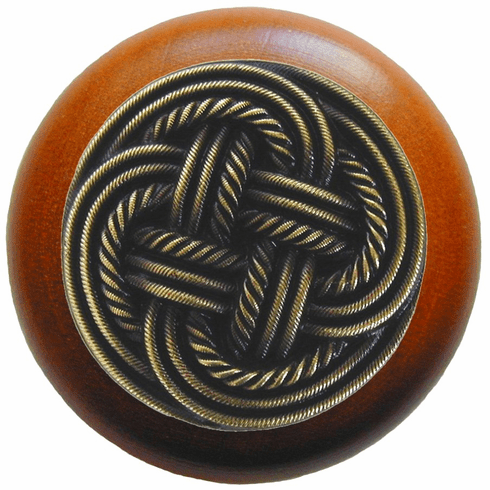 NHW-739C-AB Classic Weave Wood Knob in Antique Brass/Cherry wood finish 1-1/2" Dia 1-1/8" Proj Pastimes Collection by Notting Hill