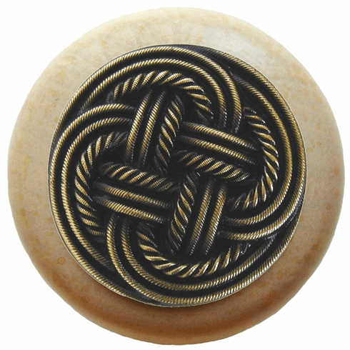 NHW-739N-AB Classic Weave Wood Knob in Antique Brass/Natural wood finish 1-1/2" Dia 1-1/8" Proj Pastimes Collection by Notting Hill