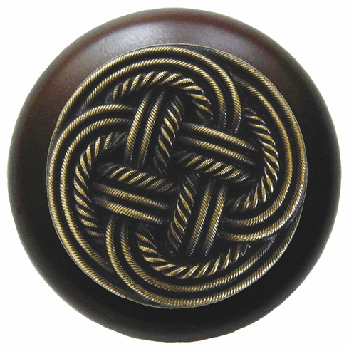 NHW-739W-AB Classic Weave Wood Knob in Antique Brass/Dark Walnut wood finish 1-1/2" Dia 1-1/8" Proj Pastimes Collection by Notting Hill