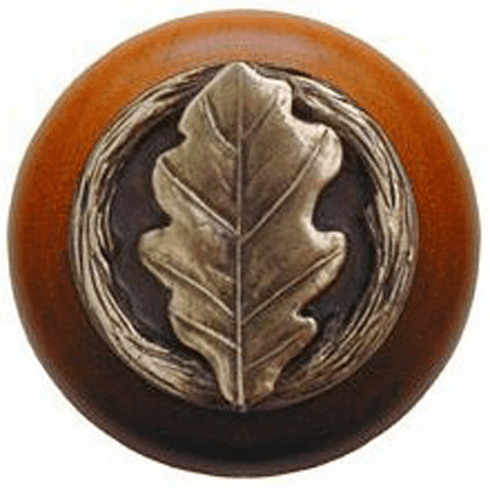 NHW-744C-AB Oak Leaf Wood Knob in Antique Brass/Cherry wood finish 1-1/2" Dia 1-1/8" Proj Leaves Collection by Notting Hill
