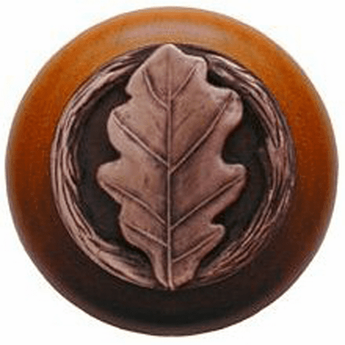 NHW-744C-AC Oak Leaf Wood Knob in Antique Copper/Cherry wood finish 1-1/2" Dia 1-1/8" Proj Leaves Collection by Notting Hill