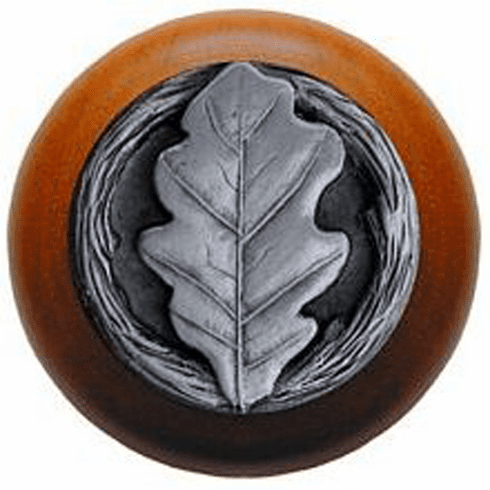NHW-744C-AP Oak Leaf Wood Knob in Antique Pewter/Cherry wood finish 1-1/2" Dia 1-1/8" Proj Leaves Collection by Notting Hill