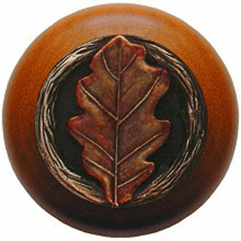 NHW-744C-BHT Oak Leaf Wood Knob in Hand-tinted Antique Brass/Cherry wood finish 1-1/2" Dia 1-1/8" Proj Leaves Collection by Notting Hill