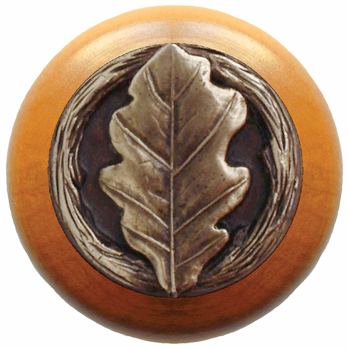 NHW-744M-AB Oak Leaf Wood Knob in Antique Brass/Maple wood finish 1-1/2" Dia 1-1/8" Proj Leaves Collection by Notting Hill