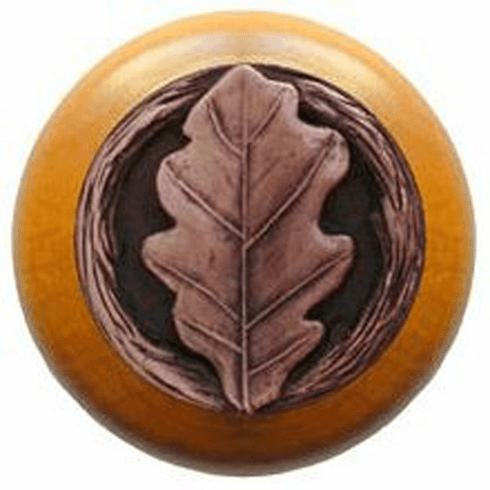 NHW-744M-AC Oak Leaf Wood Knob in Antique Copper/Maple wood finish 1-1/2" Dia 1-1/8" Proj Leaves Collection by Notting Hill