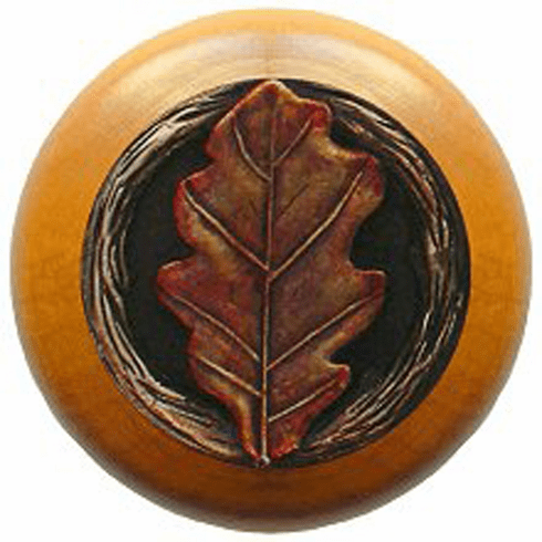 NHW-744M-BHT Oak Leaf Wood Knob in Hand-tinted Antique Brass/Maple wood finish 1-1/2" Dia 1-1/8" Proj Leaves Collection by Notting Hill