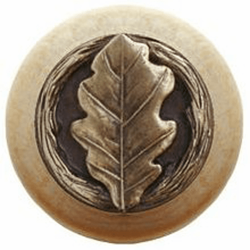 NHW-744N-AB Oak Leaf Wood Knob in Antique Brass/Natural wood finish 1-1/2" Dia 1-1/8" Proj Leaves Collection by Notting Hill