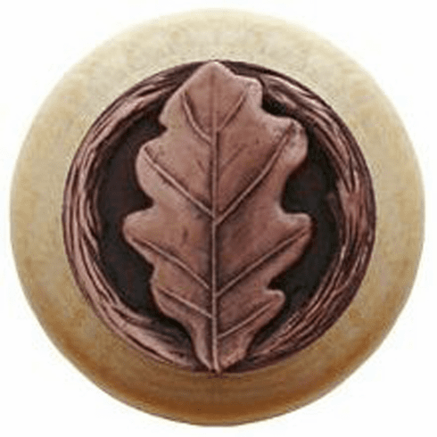NHW-744N-AC Oak Leaf Wood Knob in Antique Copper/Natural wood finish 1-1/2" Dia 1-1/8" Proj Leaves Collection by Notting Hill