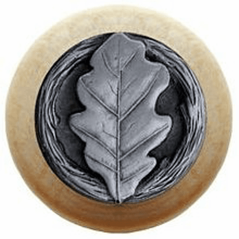 NHW-744N-AP Oak Leaf Wood Knob in Antique Pewter/Natural wood finish 1-1/2" Dia 1-1/8" Proj Leaves Collection by Notting Hill